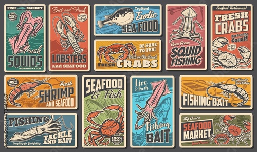 Seafood and fishing vector retro banners. Puffer fish, squid and crab with shrimps and cuttlefish exotic restaurant or fish market production. Underwater animals open ocean fishing vintage cards set