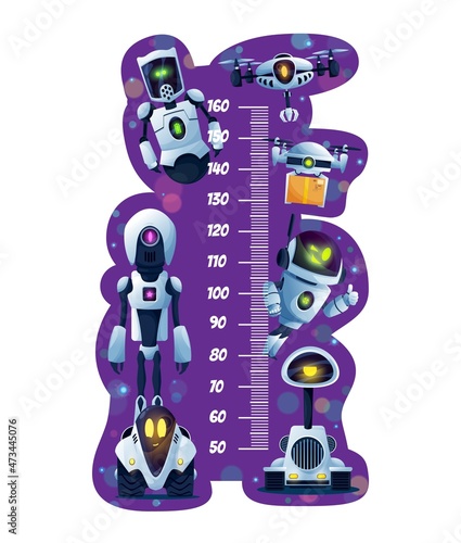 Kids height chart, growth measure meter cartoon robots. Cute ai bots, drone and humanoid androids. Vector wall stadiometer with scale for height measurement for children with funny cyborgs, wall ruler