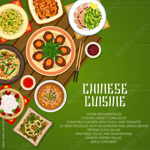 Chinese cuisine food Asian China dishes meals menu, vector traditional Peking duck, noodles and chicken. Chinese food and cuisine restaurant menu cover with authentic gourmet dinner and lunch dishes