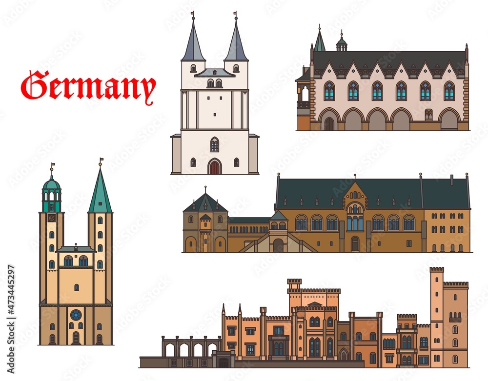Germany architecture buildings of Potsdam and Goslar, travel vector landmarks. Babelsberg Schloss Palace in Potsdam, Marktkirche of St Cosmas and Damian and Kaiserpfalz Imperial Palace in Germany