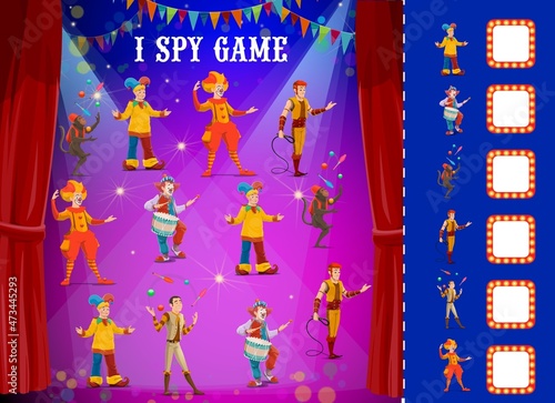 Kids I spy game with shapito circus clowns and performers, vector find and match riddle. Kids tabletop puzzle or I spy board game with funfair carnival clown jester, juggling monkey and animal trainer