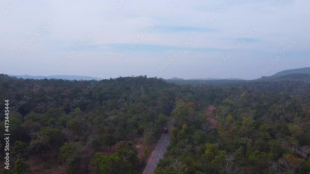 truck going through forest, drone shot truck going through forest, drone shot
