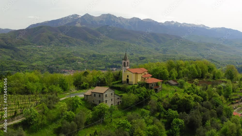 Aerial Forward Scenic View Of Houses On Green Landscape Over Hills - Apennine Mountains, Italy Aerial Forward Scenic View Of Houses On Green Landscape Over Hills - Apennine Mountains, Italy