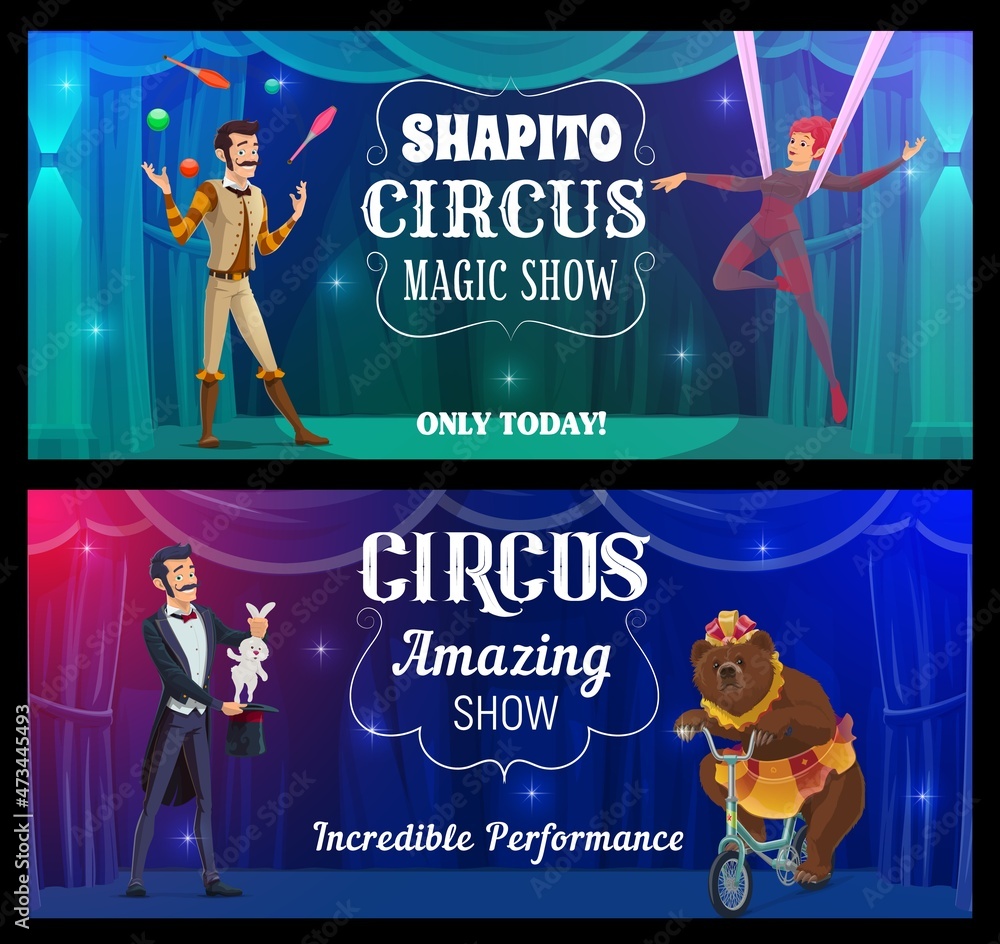 Shapito circus cartoon juggler, magician, acrobat and bear vector ...