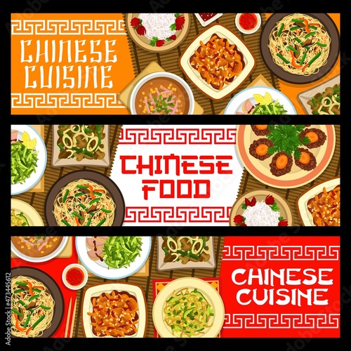Chinese food banners, Asian cuisine menu dishes, vector China restaurant meals. Chinese cuisine food traditional Peking duck salad, chow mein noodles and kung pao chicken with chilli and peanuts