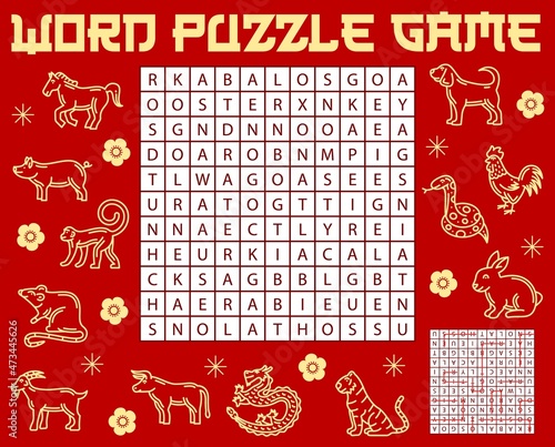 Chinese horoscope animals, word search puzzle game vector worksheet, kids quiz. Find a word quiz game or riddle for Chinese lunar horoscope symbols or year zodiac animal signs of dragon, ox and dog