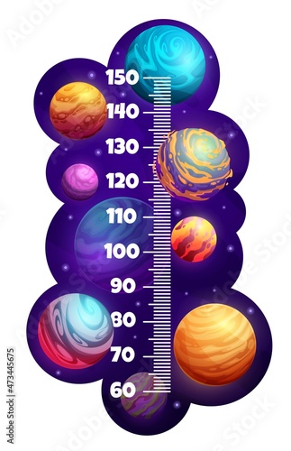 Kids height chart, cartoon galaxy space planets and stars growth measure meter. Vector stadiometer ruler scale for children with fantasy alien world. Universe, outer space and astronomy