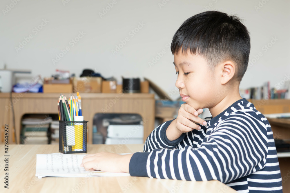 Asian boy who are studying in elementary school reading and doing homework by himself at home. Asian boy who are studying in elementary school reading and doing homework by himself at home.