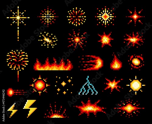 Print op canvas 8 bit pixel fire flames, explosion fireballs and burst with blasts or lightning and fire flash vector icons