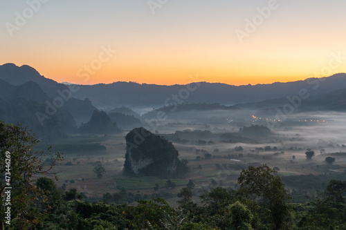 Phu langka forest park, Pha Chang Noi, Pong district,Phayao Thailand.Morning mist Covered the mountain while the sunrise was shining in winter.