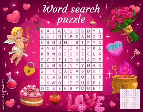 Cake, hearts and sweets, magic potion and flowers, word search puzzle, vector game worksheet. Kid quiz grid to find world of love, Valentine cupid angel with balloons and gifts, cross words riddle