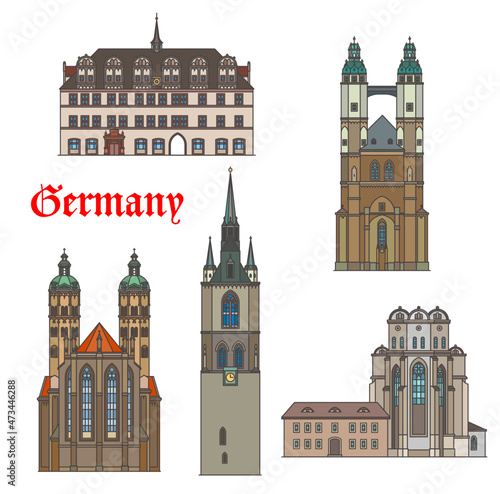 Germany architecture buildings and houses, vector travel landmarks of Naumburg. German architecture of Saale of Sachsen Anhalt, Halle Dom cathedral, Marktkirche, Sankt Peter and Paul church