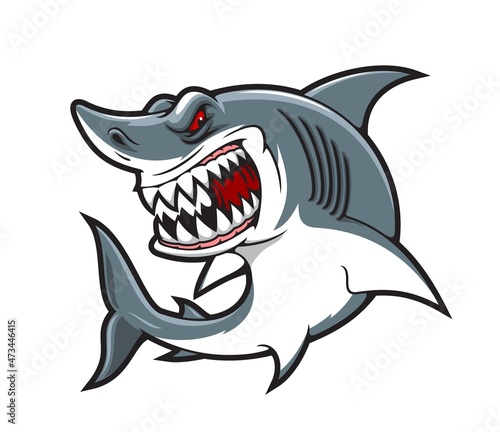 Cartoon shark vector mascot . Angry scary smile and teeth. Great white shark character, sea and ocean animal or underwater marine monster with evil face, sport clob and team isolated mascot