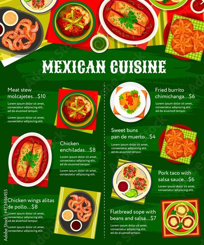 Mexican food, cuisine dishes and restaurant menu, vector dinner and lunch meals of Mexico restaurant. Mexican cuisine traditional food of meat, chicken enchilada and sweet buns, Latin cuisines