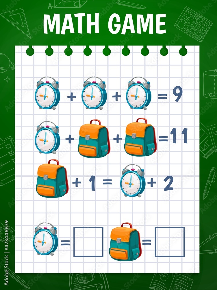Vecteur Stock Cartoon schoolbag and alarm clock, math game worksheet vector  education maze. Kids math puzzle with addition and subtraction of  mathematics numbers, school logic learning test and brain teaser | Adobe