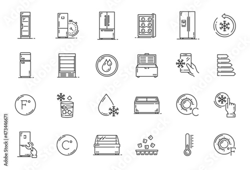 Fridge and freezer outline icons, food storage vector symbols. Ice, cooler and freezer chests, cold temperature, refrigerator box and thermometer, portable icebox and thermostat timer, appliance