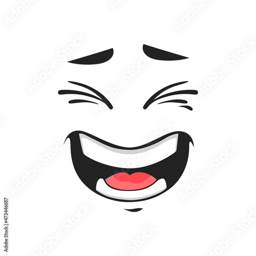 Cartoon laughing face, vector happy emoji, laugh facial expression with wide open toothy mouth and closed eyes. Character positive feelings isolated on white background