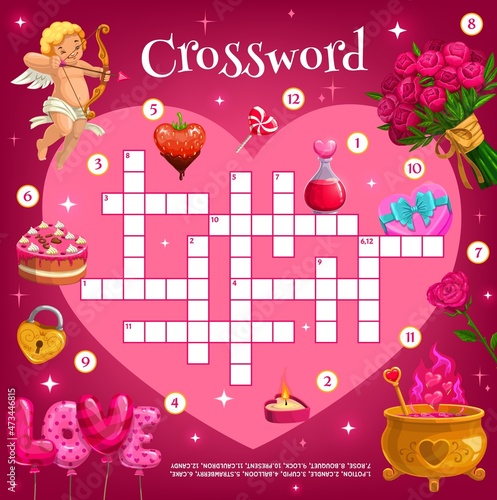 Love heart vector crossword with cake, hearts and sweets, flowers and magic potion. Crossword grid worksheet or find a word quiz game template with Valentine Day romantic holiday Cupid and gifts