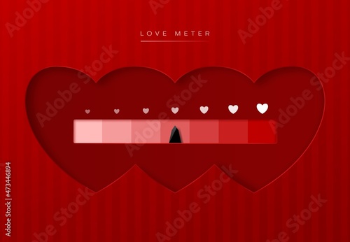 Love meter with hearts scale of horizontal linear gauge chart. Valentine Day vector card with progress indicator of love level with arrow and hearts on red background, romance and passion measuring