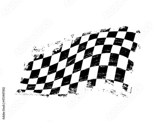 Grunge checkered racing sport flag with scratches, vector. Car race or rally, motorsport, finish and start flag with black and white checkers. Motocross or speedway racing competition banner photo