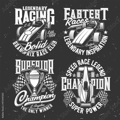 Car racing and bolids t-shirt prints. Motorsport, vintage vehicles and custom bikes club apparel custom design grunge vector prints with retro racing cars, championship prize cup and checkered flags