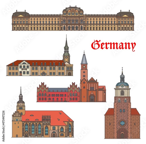 Germany architecture buildings of Brandenburg and Wurzburg, vector. German cathedrals of St Peter and Paul, Wurzburg Bishop Residence, Spremberg Rathaus and Sankt Katharinen church and Gotthardtkirche