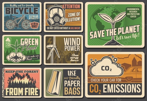 Ecological retro vector posters. Eco friendly bicycle, zone of pollution attention, environmental research and save the planet protection. Wind power, keep forest from fire warning, gas emission cards