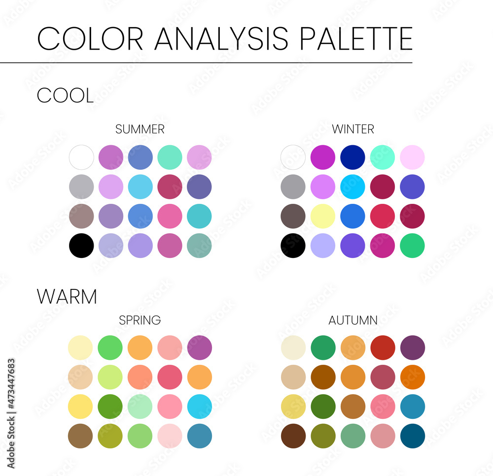 Vecteur Stock Seasonal Color Analysis Palette with Best Colors for Winter,  Autumn, Spring, Summer Types | Adobe Stock