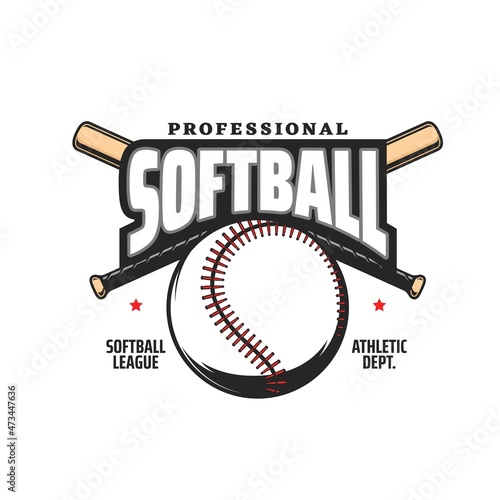 Softball sport icon with crossed bats and ball. Softball professional league team, sport club or game championship, softball tournament vector emblem, label or retro icon