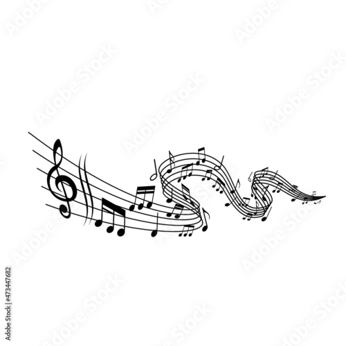 Music wave with staff, treble clef and notes symbols. Music melody, sound or song flow monochrome vector background. Classic music harmony, concert and composer notations backdrop