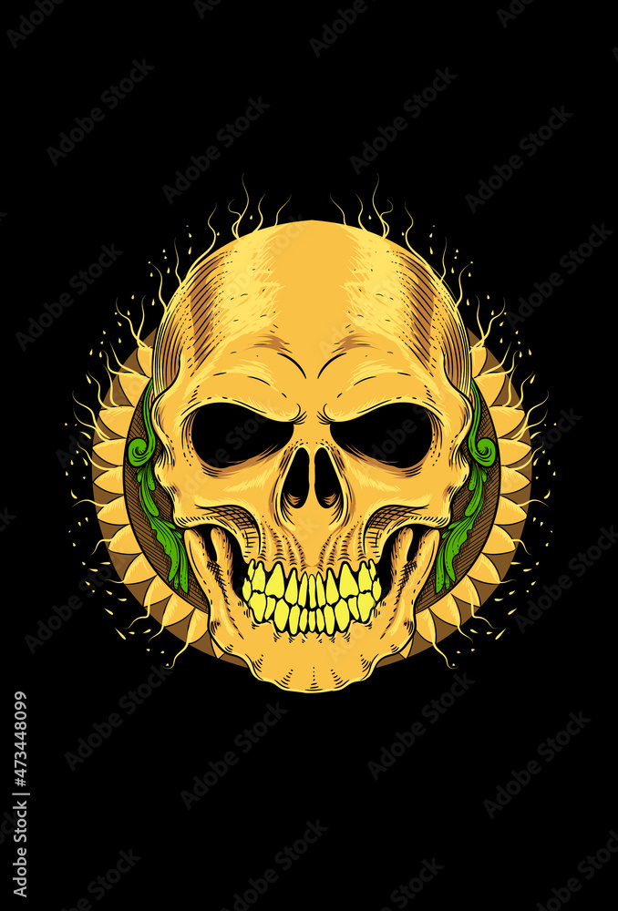 Human skull with ornament art work illustration