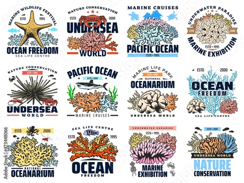Coral, seafood, sea fish and animal isolated vector icons. Starfish, sea urchin and turtle, shark, crab, octopus, shrimp or prawn, squid, coral reef polyp, algae and seaweed symbols and emblems design