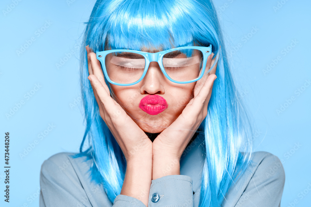 beautiful woman in blue wig glasses fashion glamor
