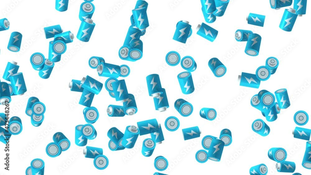 Many blue batteries floating in air on white background. Symbol of power and energy. Lightning illustration. Business concept. Loop animation. Many blue batteries floating in air on white background. Symbol of power and energy. Lightning illustration. Business concept. Loop animation.