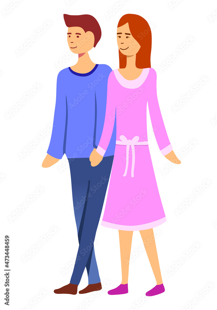Couple in love, walking and holding hands, people, love together, girl and guy, family, walking together. Isolated vector illustration, wedding, valentine's day, love, happiness 