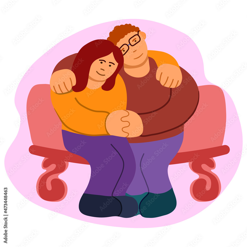 Two people in love sitting on a bench, embracing, holding hands and thinking about eternal things. An illustration of love, friendship, marriage, and Valentine's Day. Vector graphics