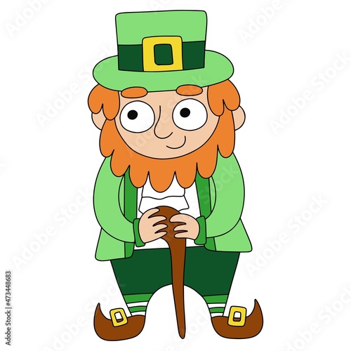 Funny hand-drawn cartoon irish leprechaun with shillelagh isolated on white vector illustration. Happy St Patrick Day traditional Ireland character colorful clip art vector