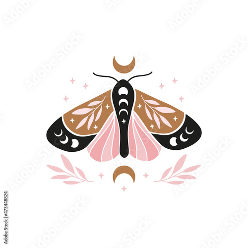 Boho celestial butterfly vector illustration. Mystical moth with moon phases. Magic insect on white background. Esoteric alchemy symbol. Design for poster, card, t shirt print, sticker.
