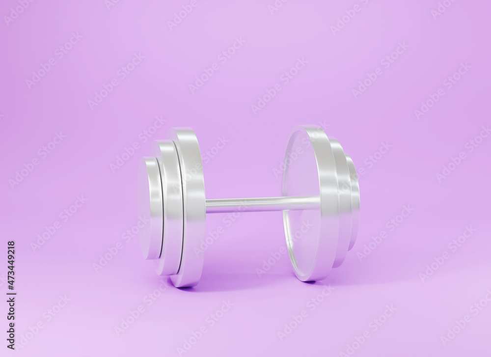 One dumbbell against metal isolated on purple background, Gym fitness and accessories sports weight equipment symbol, 3D rendering illustration One dumbbell against metal isolated on purple background, Gym fitness and accessories sports weight equipment symbol, 3D rendering illustration