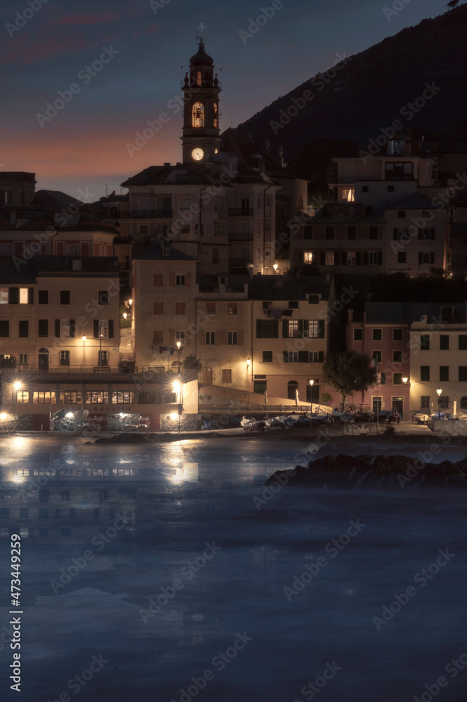Bogliasco reflected on the sea at night in Liguria
