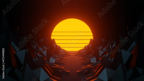 3d animation background motion abstract 4k video of 80s graphic of the 1980s style with sun mountain.