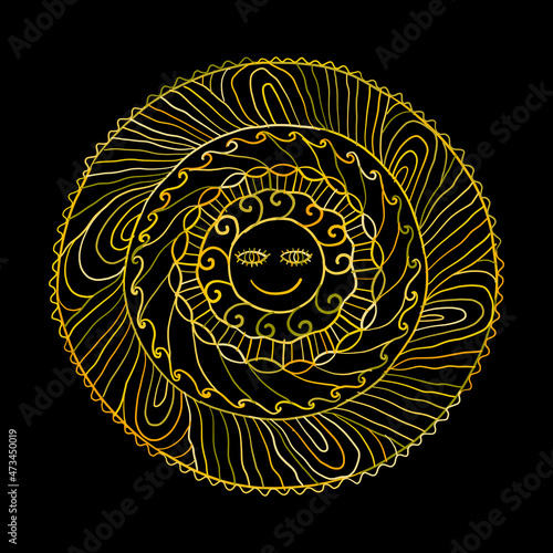Sun symbol as a face inside ornate mandala. Round pattern. Vintage decorative...