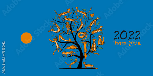 Tigers Tree, animal characters. Symbol of 2022 New Year. Design Template for ...