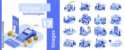 Online technologies.A set of illustrations in business style.A collection of images on the topic of business relations and technology.Flat vector illustration.