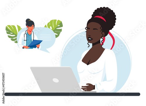 African woman receives online doctor consultation at home. Doctor recommends medications via video link. Live chat. Patient meets with an online doctor via the laptop application. Vector illustration