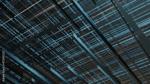 3d rendering metallic illustration background. Digital sketch on colorful wall. Abstract fractal background with various color lines and strips. Microchip, cyber futuristic, data center.