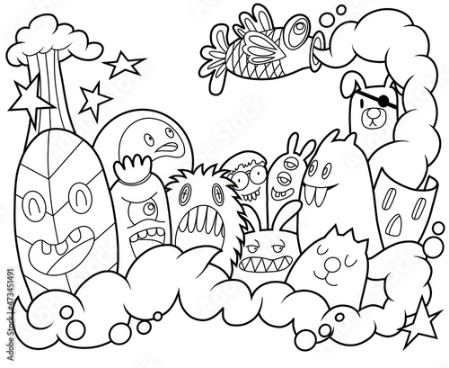 Cute monsters are playing  for fun. illustration  cute hand drawn coloring book doodles.