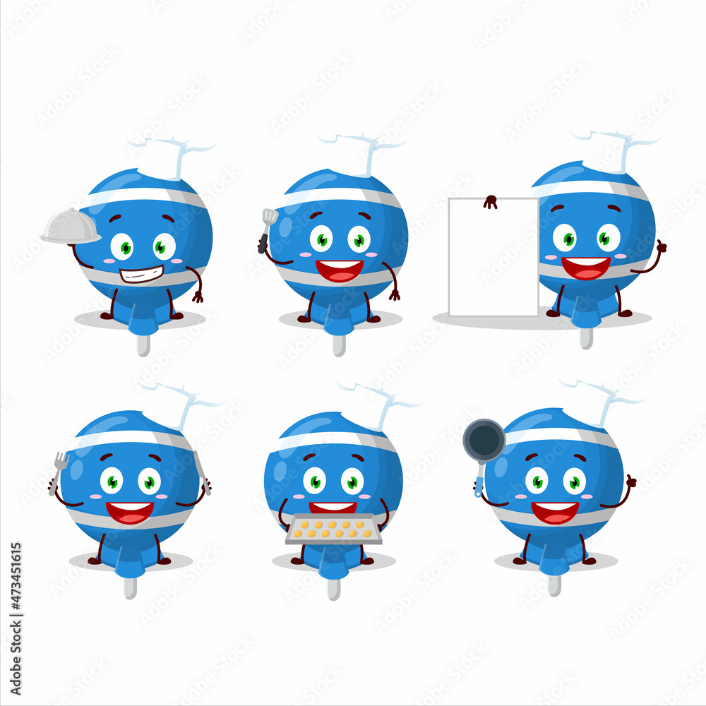 Cartoon character of blue lolipop wrapped with various chef emoticons