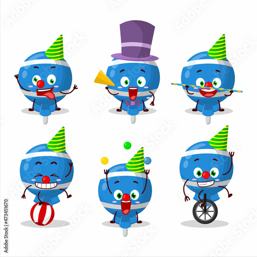 Cartoon character of blue lolipop wrapped with various circus shows