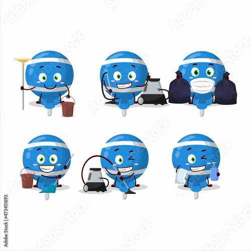 Cleaning service blue lolipop wrapped cute cartoon character using mop